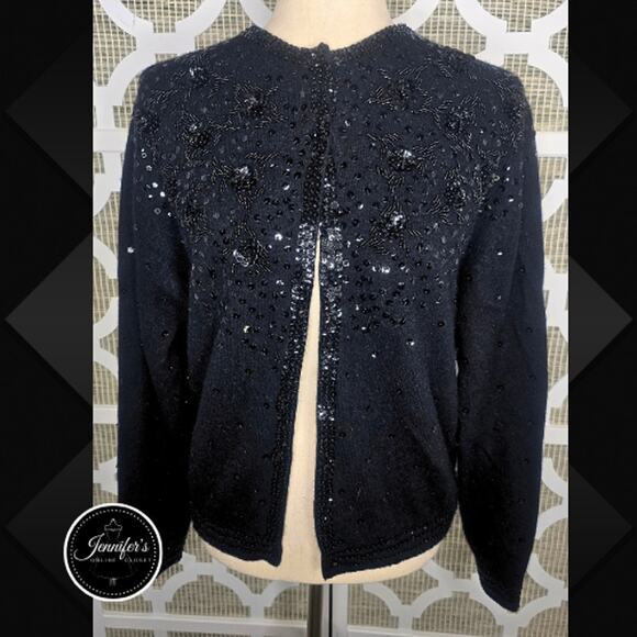 Cécile Bermuda Vintage Black Lambswool Angora Sequin Beaded Cardigan Size 12 - Picture 1 of 16